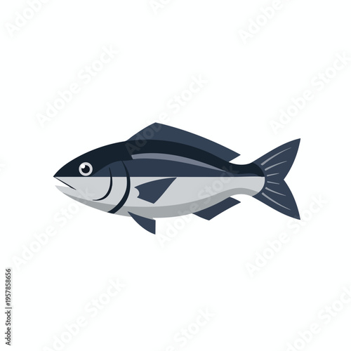 A stylized, dark blue and gray fish swims horizontally against a white background