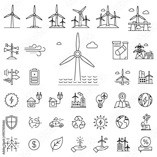 Hand-drawn wind energy and renewable power icons featuring various wind turbine designs, eco-friendly symbols, and sustainable technology concepts in a minimalist black line art doodle style.