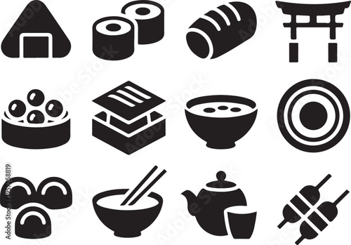 Japanese food icons set with onigiri sushi rice balls tempura bowl tea set dorayaki and skewer