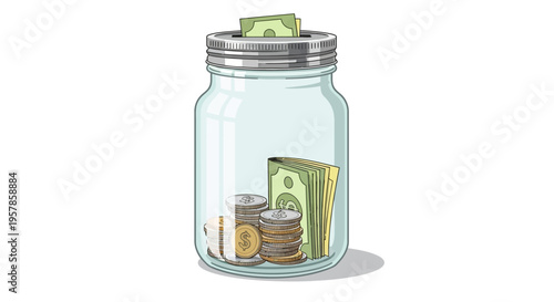 Money Jar Savings Illustration: Coins and Bills in Glass Container