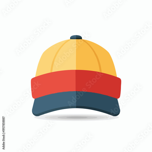 Flat design baseball cap with yellow crown, red band, and blue brim