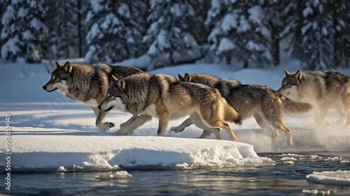 Pack of Wolves Running Through Snowy Landscape.