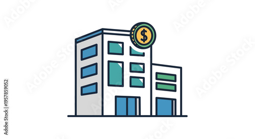 Modern Building with Dollar Coin Icon, Business and Finance Concept