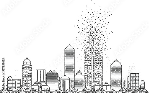Abstract city skyline, sketched urban landscape, modern buildings dissolving into dots, futuristic cityscape art, graphic illustration