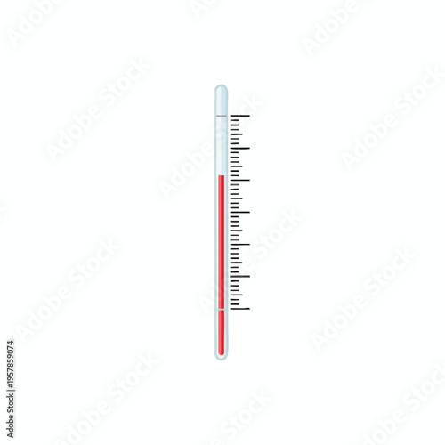 Vertical thermometer with red liquid and clear glass, displaying temperature readings