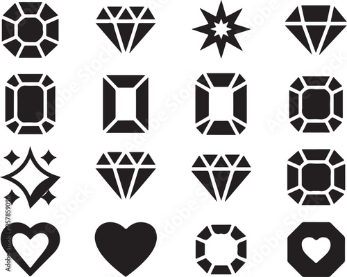 Assortment of faceted gemstone icons including diamonds and starbursts with brilliant cuts on grid background
