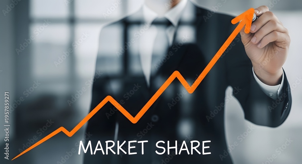 Obraz premium Businessman drawing upward trend graph representing market share growth