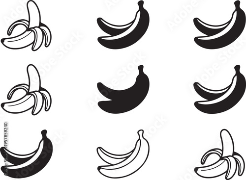 Set of black silhouette bananas and banana bunches on transparent checkered background