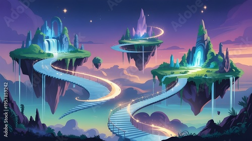 Floating islands connected by glowing staircases in the sky