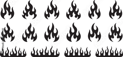 Black flame icons isolated on transparent background. Fire symbols. Set of hot fire and flame elements.