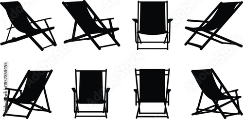 Set of Black Silhouettes of Deck Chairs in Various Poses on White Background chaise lounge beach chair