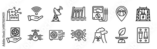 Smart Grid and Renewable Energy Infrastructure Minimalist Monoline Outline Icons for Sustainable Power Management and Electrical Engineering.