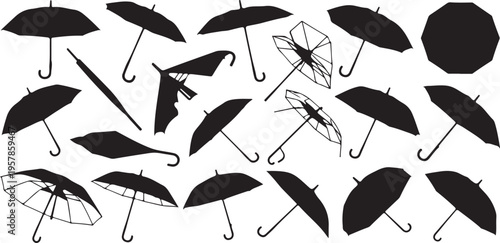 Black silhouette of various umbrellas on transparent background. Collection of open and closed umbrellas.