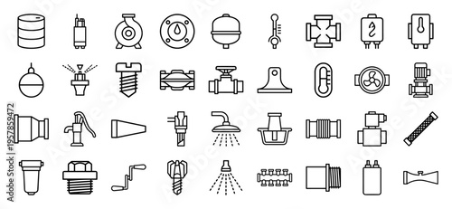 Industrial Water Pump and Plumbing System Infrastructure Icons, Minimalist Geometric Line Art for Fluid Management and Hydraulic Engineering.