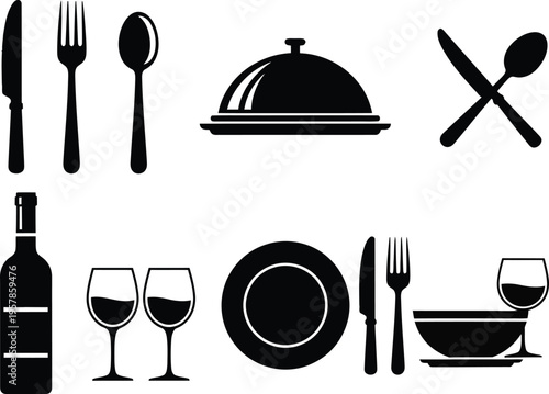Restaurant table setting with wine and food serving utensils