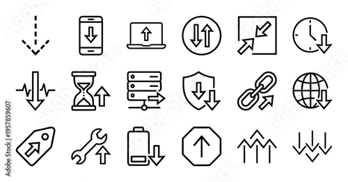 Cloud Computing Data Transfer Interface Line Art featuring Minimalist Geometric Downward and Upward Directional Arrows for Web Design.