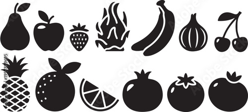 Assortment of fruits and berries, healthy food icons, natural ingredients, sweet and fresh produce illustrations