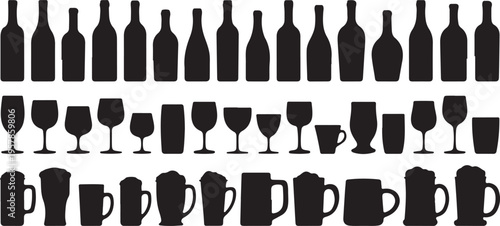 Collection of beverage container silhouettes including bottles, glasses, and mugs for drinks themes