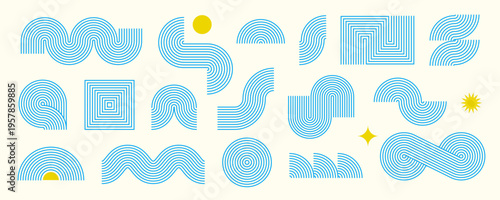 Blue boho line element collection. Bohemian decorative wave curve form set for badge, logo, card, poster, banner. Vector trendy wavy arc shapes. Mid century geometric yellow arch zigzag objects