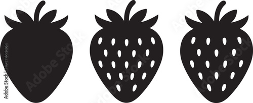 Three silhouette icons of strawberries one plain, one with seeds, and one with seeds and leaves on transparent background