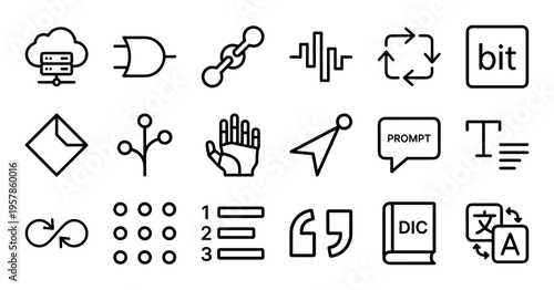 Agentic AI and RAG Workflow Systems Minimalist Monoline Icons for Machine Learning Retrieval and Autonomous Agent Process Visualization