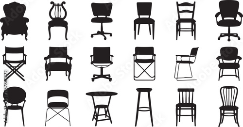 Variety of black silhouette chairs from different eras and styles isolated on transparent background grid