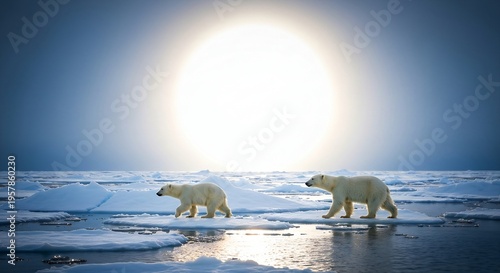 A Polar Bear mother and cub walking across the breaking ice floes in the Arctic spring, bright white sun reflecting off the blue water, 16:9 aspect ratio.