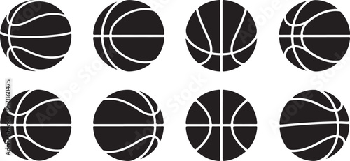 Eight black basketballs on transparent background. Sports equipment icons, game ball illustrations