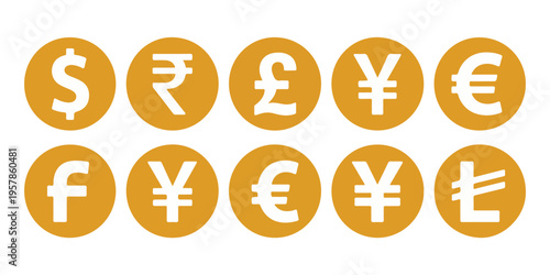 Ten yellow circles with currency symbols like dollar, rupee, pound, yen, euro, franc on white background
