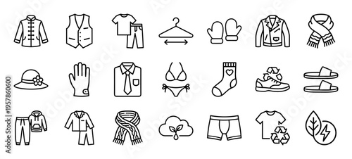 Sustainable Fashion and Modern Apparel Minimalist Monoline Icon Set featuring Geometric Line Art for Eco-Conscious Retail and E-commerce