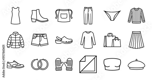 Professional Apparel and Fashion Accessories Line Art Featuring Minimalist Monoline Clothing Silhouettes and Retail Industry Symbols