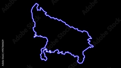 Uttar Pradesh map animated outline. Blue neon glowing border highlight of Indian state
