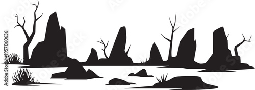 Silhouette of barren trees and jagged rocks in a desolate landscape on a transparent background, nature.