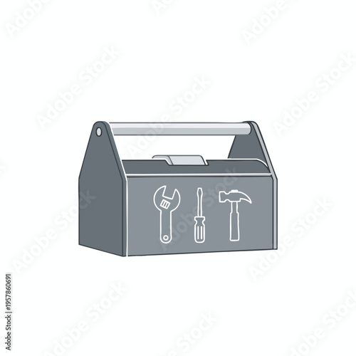 Gray toolbox with outline of wrench, screwdriver, and hammer on the front