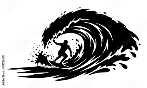 Action surfer silhouette riding large wave crest vector