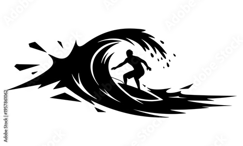 Minimalist surfer silhouette on ocean wave graphic