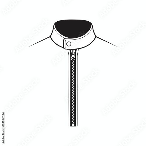 Minimalist graphic of a jacket collar with a metal zipper and snap closure