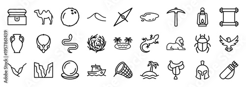 Minimalist Monoline Desert Adventure and Treasure Map Line Art Symbols for Commercial Creative Design and Interface Navigation Projects