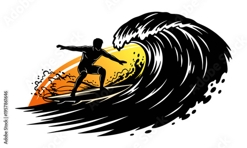 Surfer on big wave with sunset light vector illustration