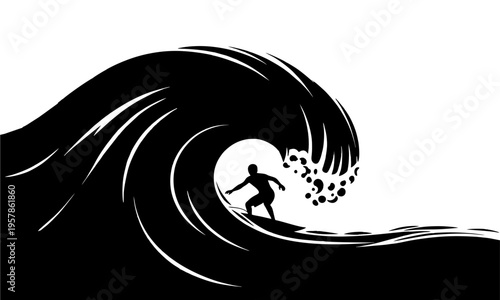 Stylized ocean wave barrel silhouette vector art