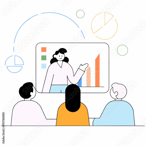 Business Meeting Illustration – Female Presenter and Team Discussing Strategy. Young female speaker explaining marketing strategy to colleagues. business woman giving ... See More
