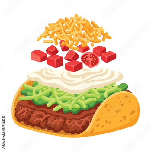 A taco with layers of ground meat, lettuce, cream, tomatoes, and cheese shreds