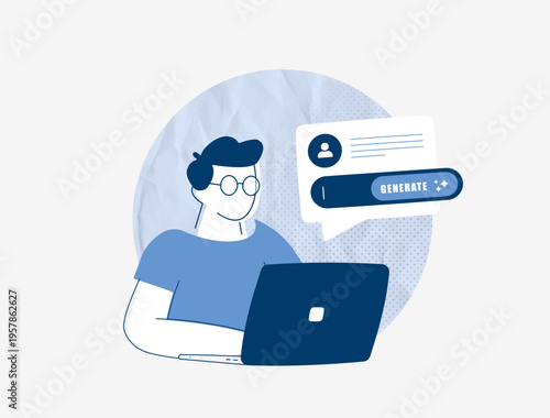 AI prompt generation interface, conversational content creation workflow, user input to output process. Prompt engineering specialist creative text generation tool, modern organic vector illustration
