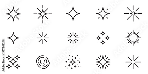 Collection of diverse sparkling star and burst line art icons on a white backdrop, abstract design elements
