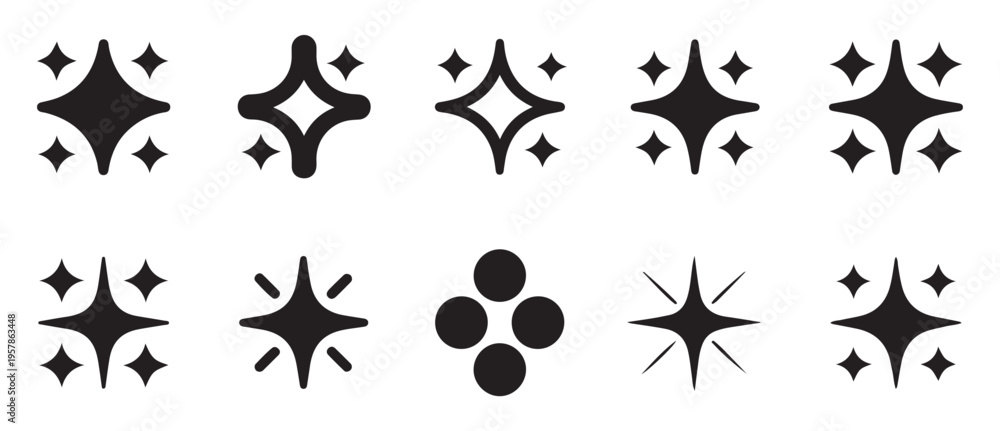 Obraz premium Set of black solid filled starburst and sparkle icons on white, simple abstract graphic design elements