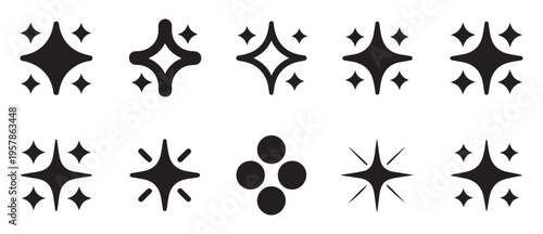 Set of black solid filled starburst and sparkle icons on white, simple abstract graphic design elements