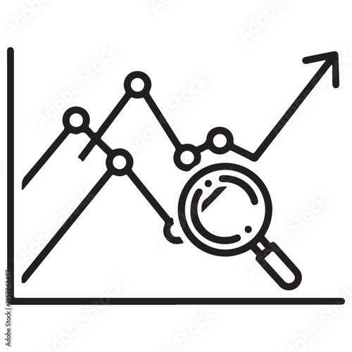 Minimalist line graph icon with magnifying glass representing data analysis, market research, and financial growth tracking for professional business presentations, clean vector art.