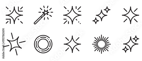 Collection of outline sparkle and starburst icons, twinkle light effects, abstract shapes, magic wand