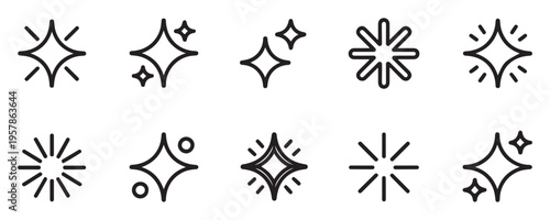 Outline sparkle and starburst icons, twinkle light effects, abstract shapes for graphic design elements