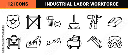 Blue Collar Occupations and Skilled Trades Monoline Icons. Minimalist Geometric Line Art for Industrial Labor and Professional Services.